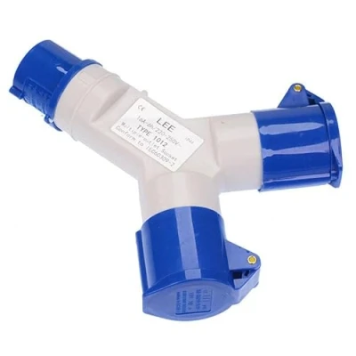 Image of Blue 2 Way Splitter 16A 230V 2P+E IP44 Plug Socket Connector Industrial