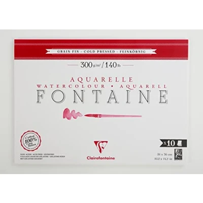 Image of Clairefontaine 975512C Glued Pad 1 Side Fountain 10 Sheets White Watercolor Paper 100% Cotton Fine Grain Professional Quality 26x36 cm 300g