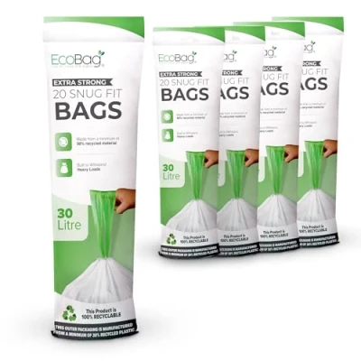 Image of EcoBag 100 Pack White Kitchen Drawstring Bin Liner 30L 25 Microns Heavy Duty, Extra Strong, Brabantia Compatible, Eco Friendly, Tear Resistant, Clear Recycling Bags (465 x 750mm)