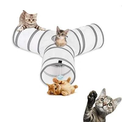 Image of Aokuy Cat Toys Tunnel and Cube Pop Up Collapsible Kitten Indoor Outdoor 3 Way or 1wayCat Tube for Cat, Puppy, Kitty, Kitten, Rabbit (White)