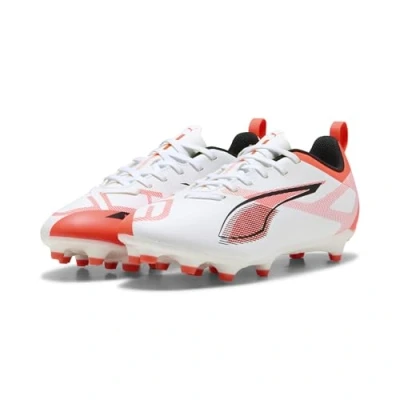 Image of Puma Ultra 5 PLAY Moulded stud football boots for kids, Size: 10K, White/black/glowing red Synthetics