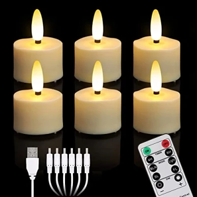 Image of yunsheng Pack of 6 Rechargeable LED Tea Lights, Flameless Candles with Timer Remote Control and Ports USB Charging Cable, Warm White Flickering Light, Halloween, Christmas, Home, Wedding Decoration