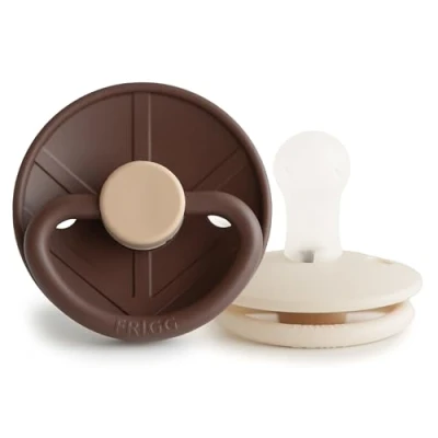 Image of FRIGG Little Viking Silicone Pacifier Pack of 2 Pacifiers Soother Dummy BPA Free Made in Denmark Symmetrical Cherry Shaped Nipple (Cocoa/Cream, Size 1 (0 6 Months))