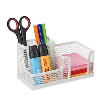 Image of Relaxdays Desk Organiser, 3 Compartments, Mesh Design, H x W D: 10 18.5 9.5 cm, Metal, White, Steel