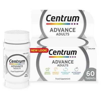 Image of Centrum Advance Multivitamin Tablets for Men and Women, 60 Tablets, Vitamins with 24 Essential Nutrients including Vitamin C, D Zinc (Packaging Tablet colour may vary slightly)
