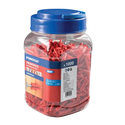 Image of Rawlplug Uno Universal Wall Plugs Jar of 6 mm RED Rawl for Plasterboard Masonry Brick Concrete Solid Plug Anti Rotation Features Fixings 500,L