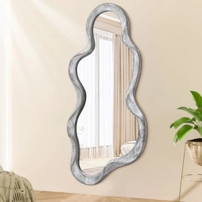 Image of Irregular Wall Mirror Cloud Wood Frame Asymmetrical Modern for Vanity Bathroom Living Room Bedroom Entryway Hallway Unique Decorative Artistic Natural