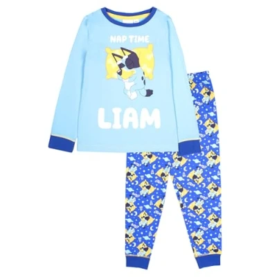 Image of Bluey Personalised Long Sleeve Pyjama 100% Cotton, Soft &amp; Warm Winter PJs for Boys Girls 4 5 Years Blue