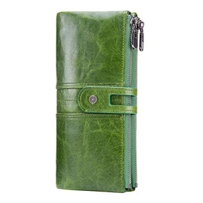 Image of Contacts Women Real Leather ID Card Coin Phone Holder Zipper Clutch Purse Wallet (Green)(Size: One Size)
