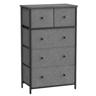 Image of SONGMICS Chest of Drawers, Fabric 5 Drawer Storage Organiser Unit, Dresser, for Living Room, Hallway, Nursery, Grey and Black with Wood Grain LTS514G22