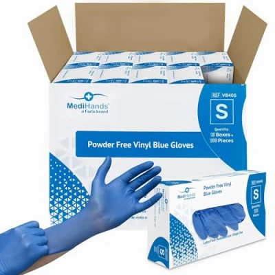 Image of MediHands Vinyl Blue Gloves Disposable Small Powder Free, Latex &amp; Protein Free Multi Purpose, Single Use Box of 1000