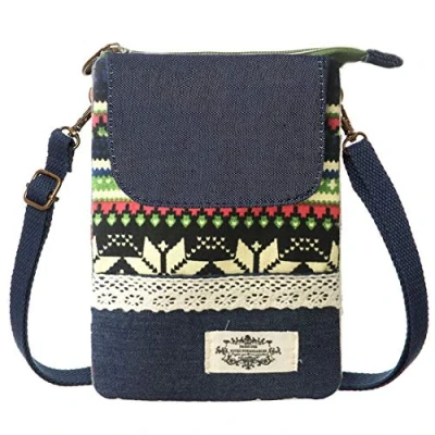 Image of LassZone Small Canvas Crossbody Bag Cell Phone Purse National Pattern Handbags Ladies Change Wallet for Women Girls