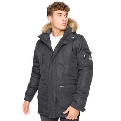 Image of Crosshatch Mens Padded Parka Shower Resistant Fur Hood Winter Coat Jacket by JeanBase Black L
