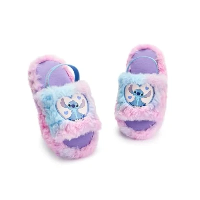 Image of Disney Lilo &amp; Stitch Womens Slippers Ladies Character Heart Slider in Pink Blue Adult Slip On Indoor House Shoes with Fur Elastic Heel Strap Animation Movie Merchandise Gift