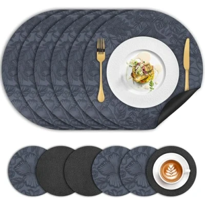 Image of Table Mats Set of 6, Round Leather Floral Placemats and Coasters Heat Resistant Waterproof Non Slip, Wipeable Washable Dual Sided Place Mat 34cm Easy to Clean for Kitchen Dinning Restaurant,Blue Black