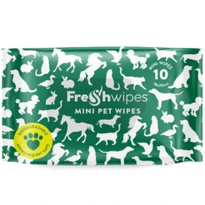 Image of FreshWipes Extra Large Pet Cleaning Wipes 1 Mini Pack (10 Wipes) Vet Approved Biodegradable &amp; Odour Removing Wet for Dogs Cats Lavender Mint Scent Body Paw Cleaner Thick Moist