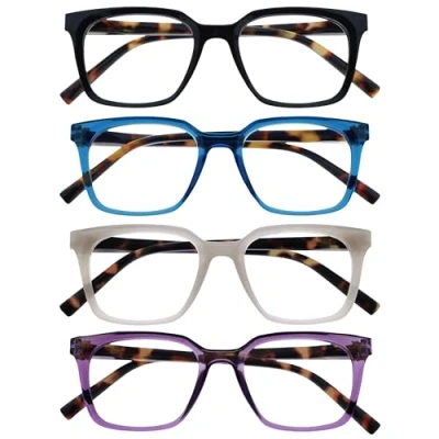 Image of OPULIZE KOI Reading Glasses 4 Pack Large Rectangular Frame Black Blue Purple Grey Mens Womens Spring Hinges RRRR50 1357 +2.50