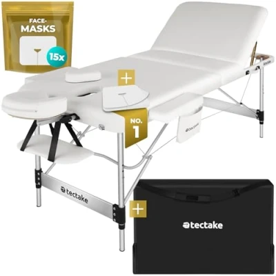 Image of tectake® 3 Zone Massage Table with Sturdy Aluminium Frame, Foldable Bed Thick Foam Padding, Oil &amp; Water Resistant Cover, Adjustable Spa Beauty Bed, Incl. Carry Bag Face Masks White