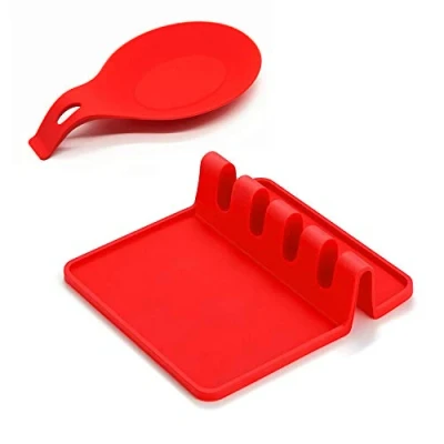 Image of Silicone Utensil Rest with Drip Pad for Multiple Utensils, Large Spoon Holder Ladle, Spatula, Tongs, Fork Set of 2 Both in Red