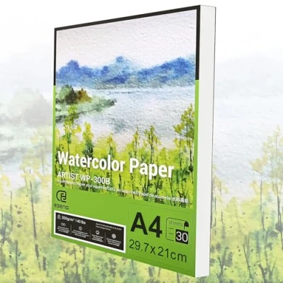Image of ESENG Art Media Paper, A4, 100% Cotton, 300 GSM, 30 Sheets, White, Watercolour Pad for Painting &amp; Drawing