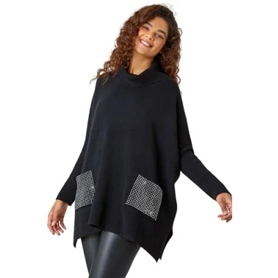 Image of Roman Sparkle Pocket Poncho Jumper for Women UK Ladies Autumn Everyday Winter Holiday Roll Neckline Comfy Long Sleeve Soft Hotfix Detail Knit Top Relaxed Fit Sweaters Black Size SM