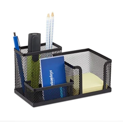 Image of Relaxdays Metal Mesh Desk Organizer Office with Pen holder and Note Holder, H x W: 10x18,5x9,5 cm Black