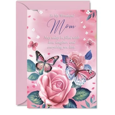 Image of Mom Birthday Card Pink Rose Butterfly Beautiful Happy for from Daughter Son, 5x7 Inch Female Floral Bday Mothers Day Greeting Cards
