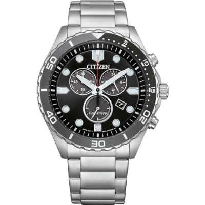 Image of Citizen Men&#039;s Solar Chronograph Watch AT2568 82E, Stainless Steel, Round, Black Dial, 43mm Diameter, 100m Waterproof, Powered