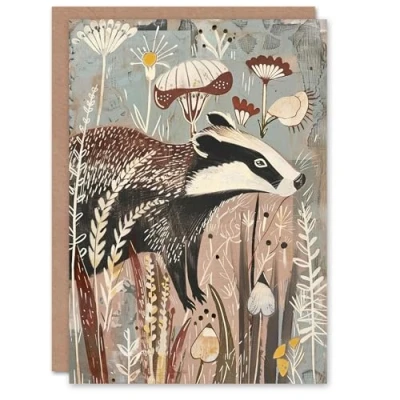 Image of Artery8 Greeting Card Rustic Woodland Badger Artwork Forest Wildflowers Blank For All Him Or Her Art Birthday