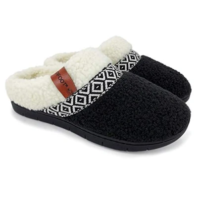 Image of ofoot Womens Comfortable Fuzzy House Slippers Mules Indoor Outdoor Clogs Bedroom Shoes Warm Faux Shearling with Lace,Cozy Memory Foam Insole Non Slip Rubber Hard Sole (Navy Blue, 7/7.5 UK)