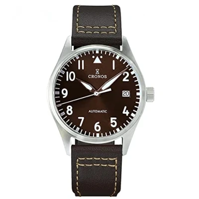 Image of Cronos 39mm Pilot Mechanical Men Watches PT5000 Super Luminous Sapphire Class Brown Leather Strap Stainless Steel Flieger Watch (Color 2) (L6012), color 2,