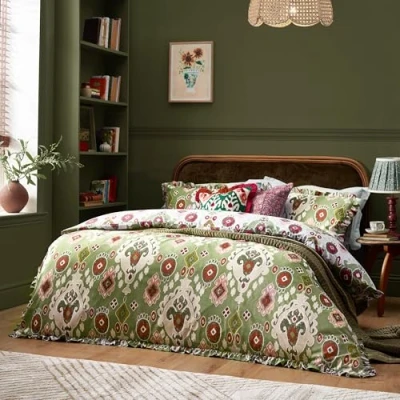 Image of Paoletti Dawson Ikat Reversible Duvet Cover Set Green Polycotton Size Double