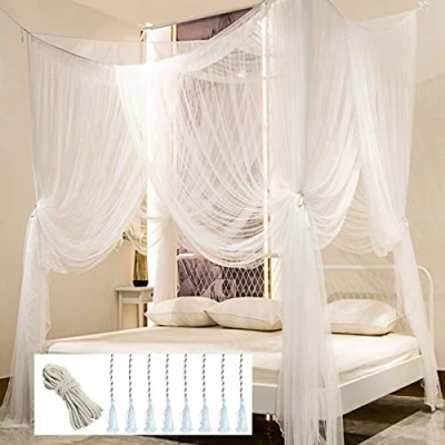 Image of Mosquito Net for Double Bed 4 Corner Post Elegant Canopy Set, Stick Hook &amp; Profession Rope Net, Screen Netting Curtains, Full/Queen/King (White)