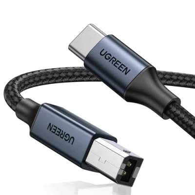 Image of UGREEN USB B to C Printer Cable, Type 2.0 Braided Data Lead for HP/Epson/Canon Printer, Scanner, Cable Compatible with MacBook Pro, iMac, XPS, Acer, ASUS laptops (1M)