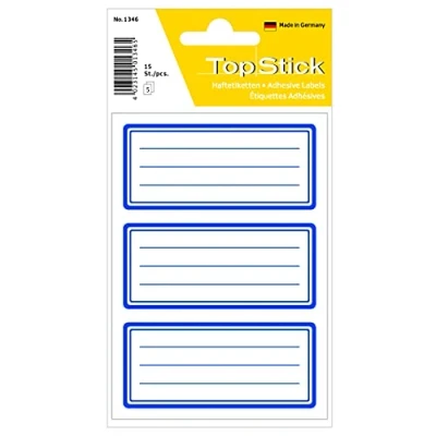 Image of TopStick 1346 Book Labels, 3 Labels Per Sheet, 76 x 35 mm, 150 Self Adhesive, School Stickers for Hand Labelling, Blue White