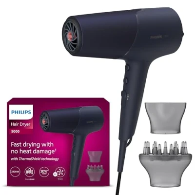 Image of Philips Hair Dryer 5000 Series, ThermoShield Technology, Ionic, with Nozzle and Diffuser, 2300W, Model BHD510/03