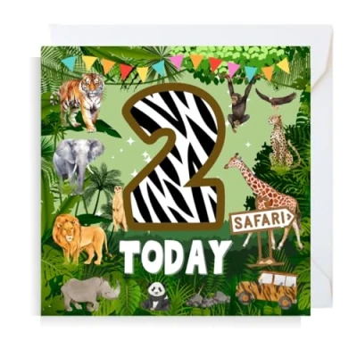 Image of Second Ave Safari Jungle Animal 2nd Birthday Age 2 Square Children&#039;s Kids Greeting Card for Boy or Girl