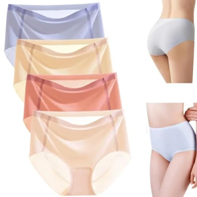 Image of VNDUIFH 4PCSUltra Thin Non Marking Ice Silk Underwear, Womens Seamless High Waist Breathable Soft Stretchy Panties (4,M)