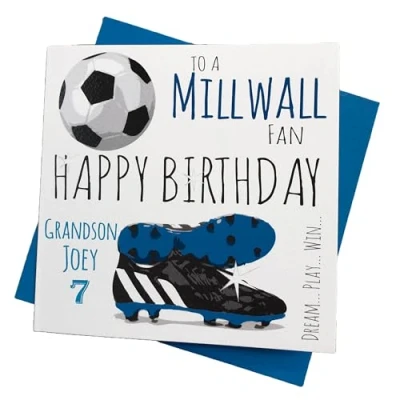 Image of WHITE COTTON CARDS PERSONALISED Millwall FC Football Club Fan Birthday Card (45 PER)