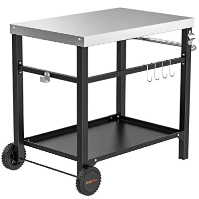 Image of onlyfire BBQ Serving Trolley Table, Stainless Steel Flattop Worktable, Double Shelf with Utensil Holder for Outdoor Grilling and Cooking