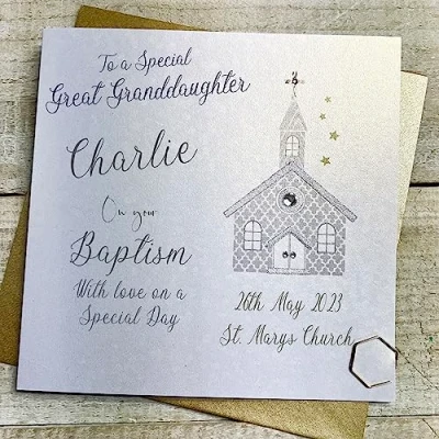Image of WHITE COTTON CARDS GREAT GRANDDAUGHTER PERSONALISED BAPTISM CARD, CHURCH DESIGN, HAND FINISHED (X) P23 15 B GGD