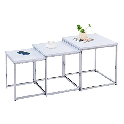Image of BonChoice High Gloss Nest of 3 Tables for Living Room, Space Saving Set Nesting Tables, Sofa Side Table Coffee End Stylish White Wood Home Furniture