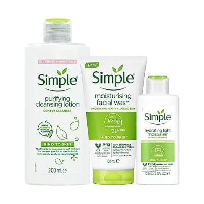 Image of Simple Kind To Skin Care Bundle Of Purifying Cleansing Lotion 200ml, Moisturising Facial Wash 150ml, and Replenishing Rich Moisturiser 125ml For Sensitive