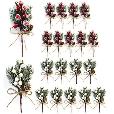 Image of HJHIWE Berry Stems Pine Branches 20Pack, Christmas Picks Spray Artificial Cones Holly Stem Craft, Winter Holiday Floral for Xmas Garland Wreath Ornaments.