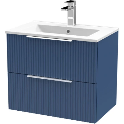 Image of Hudson Reed DFF393B Fluted Modern Bathroom Wall Hung 2 Drawer Vanity Basin Unit with Minimalist Ceramic Basin, 600mm, Satin Blue