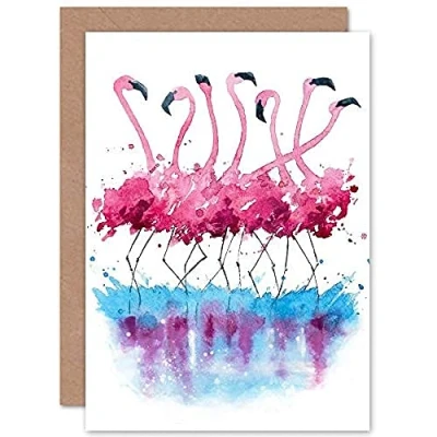 Image of Wee Blue Coo Flamingos Dancing Watercolour Greeting Card With Envelope Inside Premium Quality