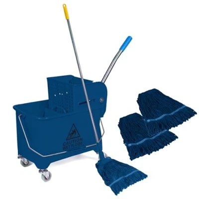 Image of Curvaso 20L Kentucky Floor Cleaning Mop Bucket Set, Handle Holder, 2 Mopping Heads Wringer System with Wheels For Home Commercial School Restaurant Office Pub Blue