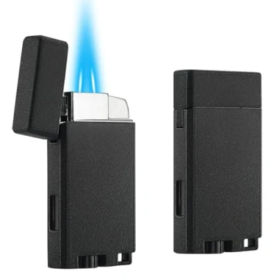 Image of Bbsisgo 2 Pack Double Jet Flame Lighter, Adjustable and Refillable Gas Lighter with Keyhole, Windproof Pocket Butane Torch Sold without Fuel. (Black)