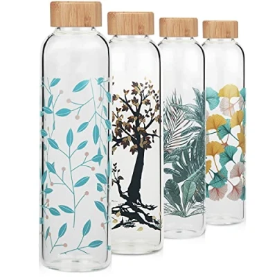 Image of Cleesmil Sports Borosilicate Glass Water Bottle BPA Free Drinking with Neoprene Sleeve 1000 ml / 1 litre (Leaf)