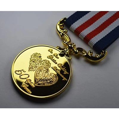 Image of the Commemorative Coin Company 50th Golden Wedding Anniversary Medal for Long/Distinguished Service and Bravery in Field. Gift/Present Husband/Wife/Partner, Gold